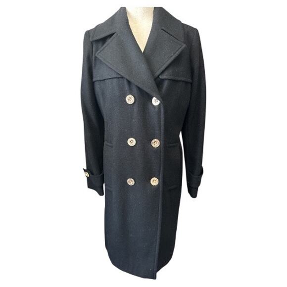 Michael Kors Black Wool Blend Double Breasted Trench Coat Brass Buttons - Picture 1 of 9